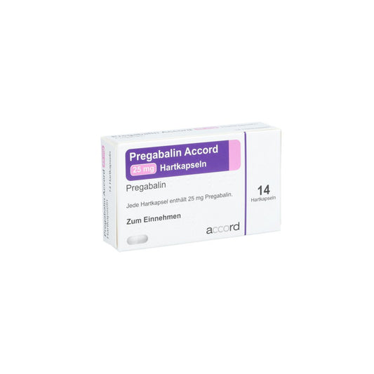 Das Produktfoto zeigt Pregabalin Accord 25 Mg Hartkapseln (14 stk) PZN 11305263