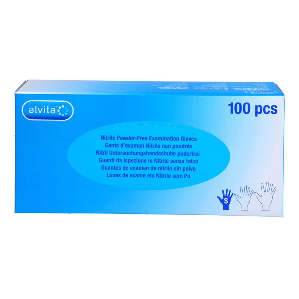 Das Produktfoto zeigt Alvita Nitril Unt.Handschuhe Unsteril Puderfrei S (100 stk) PZN 11309290