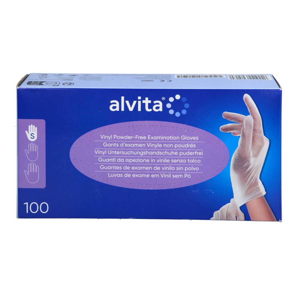 Das Produktfoto zeigt Alvita Vinyl Unt.Handschuhe Unsteril Puderfrei S (100 stk) PZN 11309373