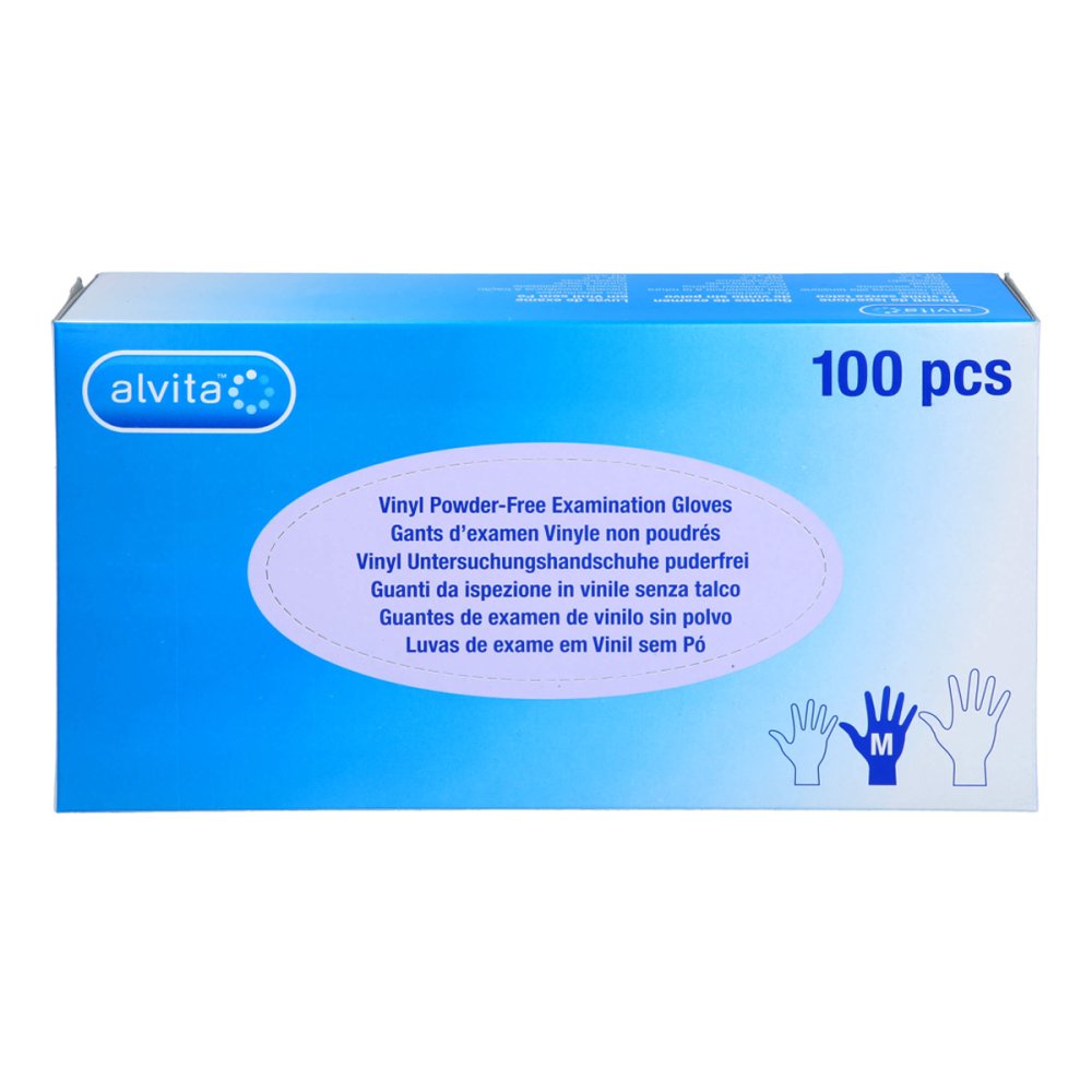 Das Produktfoto zeigt Alvita Vinyl Unt.Handschuhe Unsteril Puderfrei M (100 stk) PZN 11309396