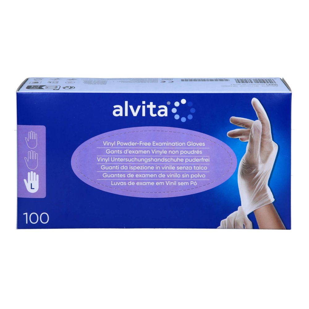 Das Produktfoto zeigt Alvita Vinyl Unt.Handschuhe Unsteril Puderfrei L (100 stk) PZN 11309404