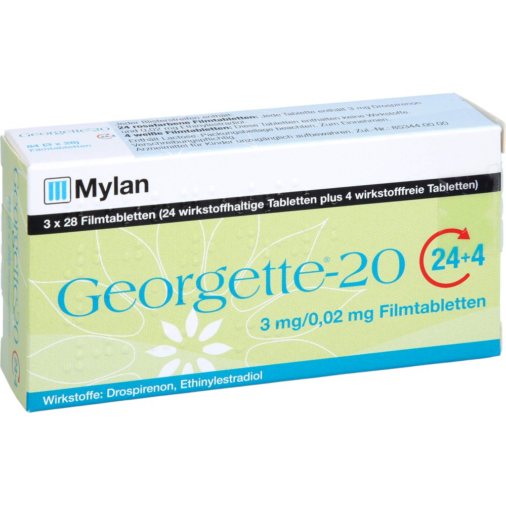 Das Produktfoto zeigt Georgette-20 24+4 3 Mg/0,02 Mg Filmtabletten (84 stk) PZN 11323806
