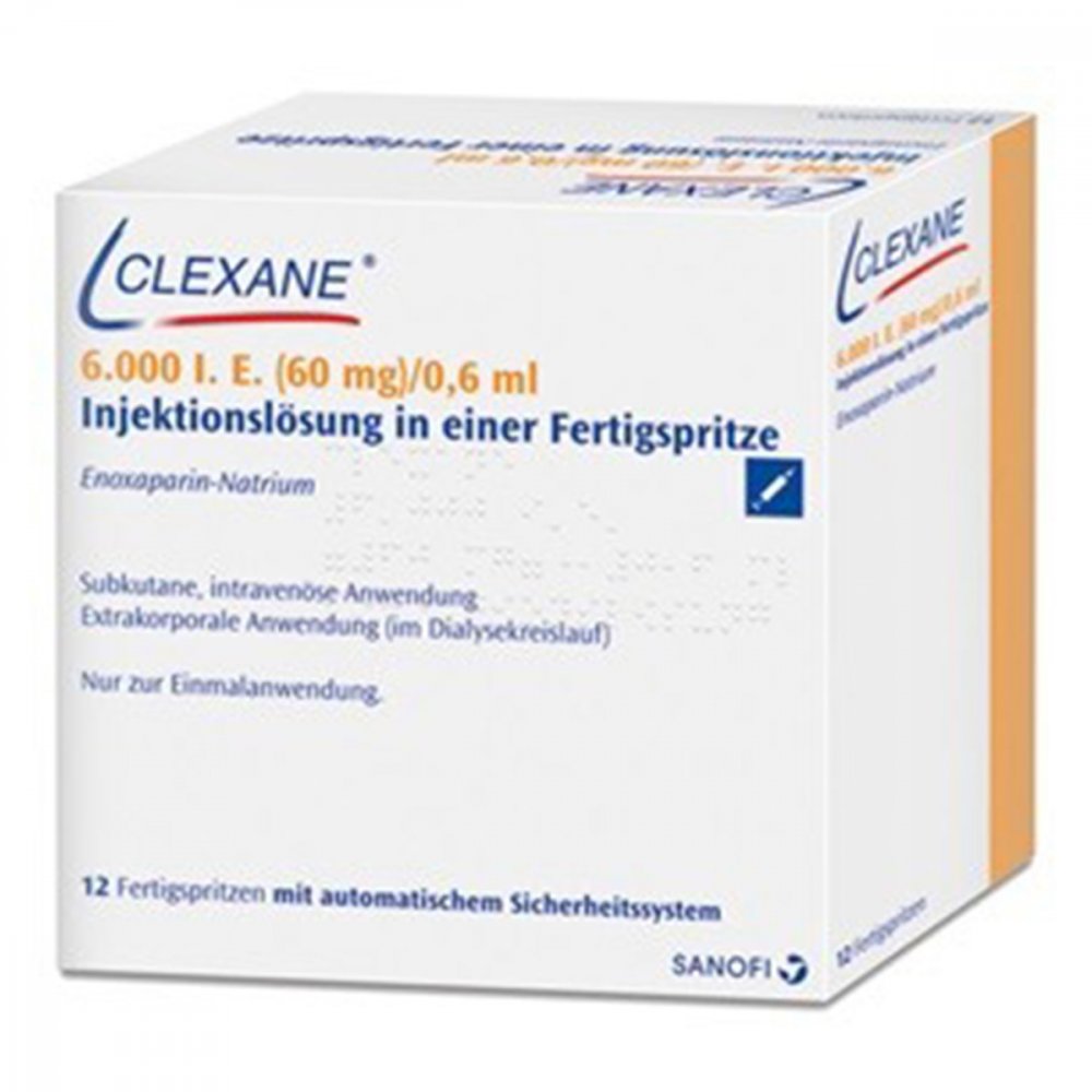 Das Produktfoto zeigt Clexane 6.000 I.E. 60mg/0,6ml Ilo F.Sp.+Sich-Sys. (12 stk) PZN 11331450