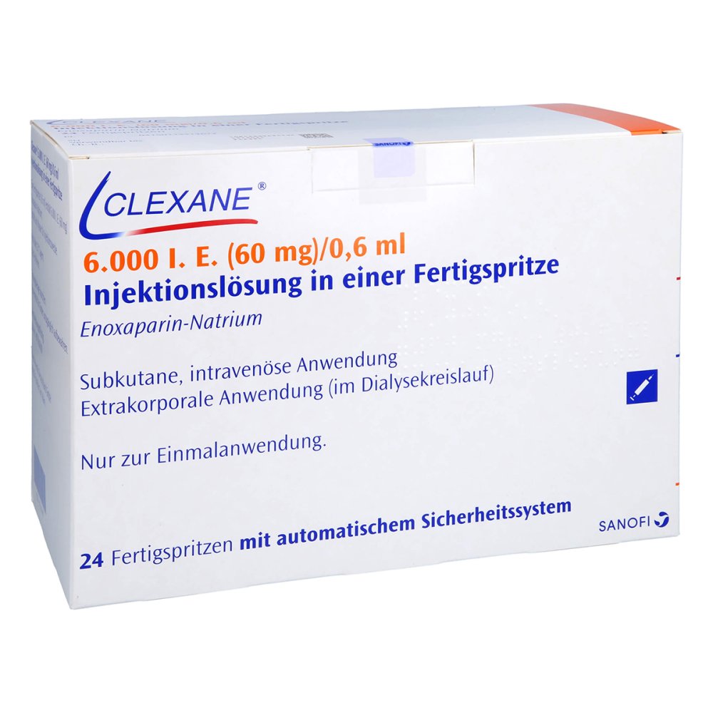 Das Produktfoto zeigt Clexane 6.000 I.E. 60mg/0,6ml Ilo F.Sp.+Sich-Sys. (24 stk) PZN 11331467
