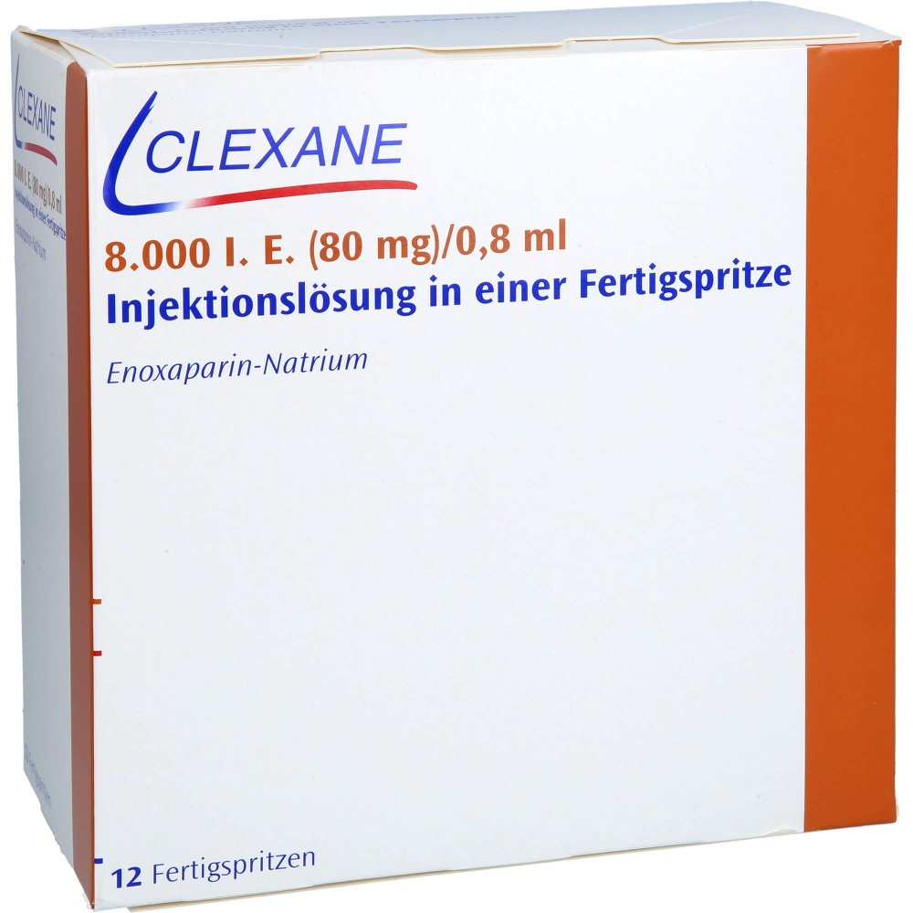 Das Produktfoto zeigt Clexane 8.000 I.E. 80mg/0,8ml Ilo F.Sp.+Sich-Sys. (12 stk) PZN 11331473