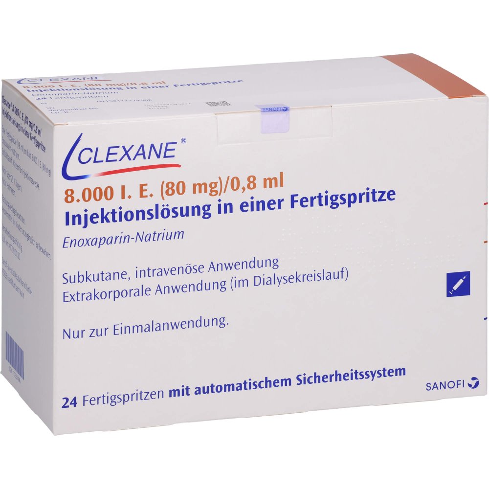 Das Produktfoto zeigt Clexane 8.000 I.E. 80mg/0,8ml Ilo F.Sp.+Sich-Sys. (24 stk) PZN 11331496