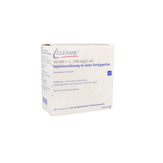 Das Produktfoto zeigt Clexane 10.000 I.E. 100mg/Ml Ilo F.Sp.+Sich-Sys. (12 stk) PZN 11331504