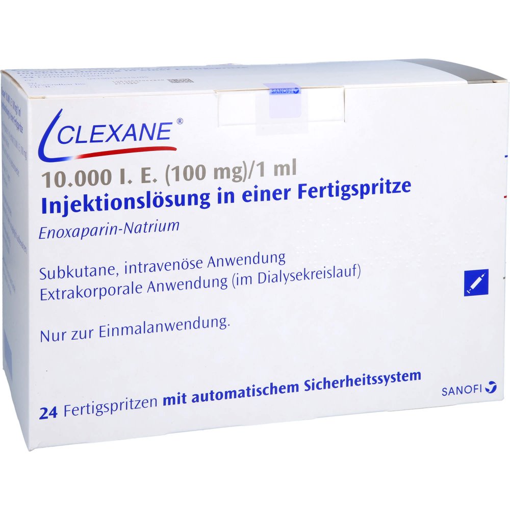 Das Produktfoto zeigt Clexane 10.000 I.E. 100mg/Ml Ilo F.Sp.+Sich-Sys. (24 stk) PZN 11331510