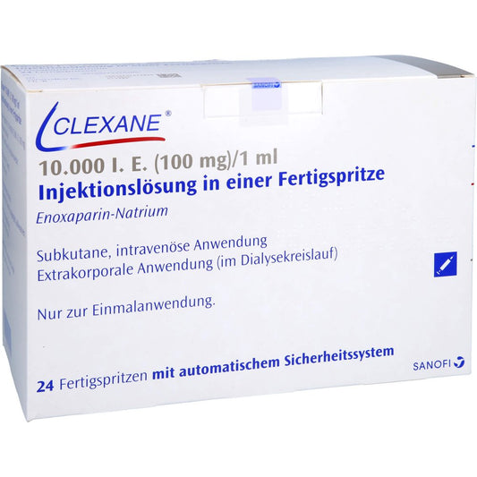 Das Produktfoto zeigt Clexane 10.000 I.E. 100mg/Ml Ilo F.Sp.+Sich-Sys. (24 stk) PZN 11331510
