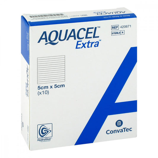 Das Produktfoto zeigt Aquacel Extra 5x5 Cm Verband (10 stk) PZN 11343312