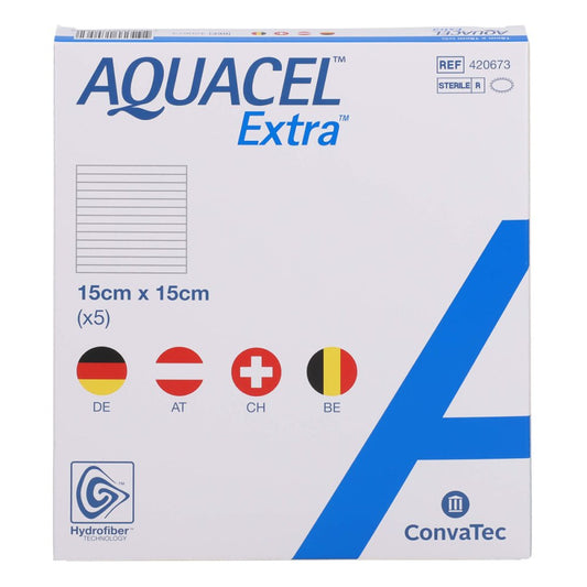 Das Produktfoto zeigt Aquacel Extra 15x15 Cm Verband (5 stk) PZN 11343329