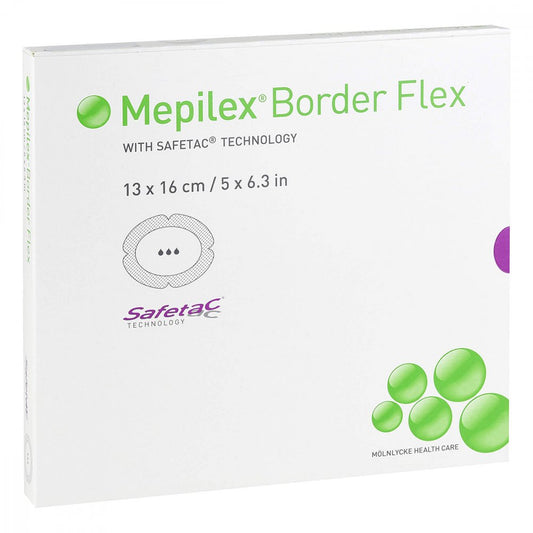Das Produktfoto zeigt Mepilex Border Flex Schaumverb.Haft.13x16 Cm Oval (5 stk) PZN 11352995
