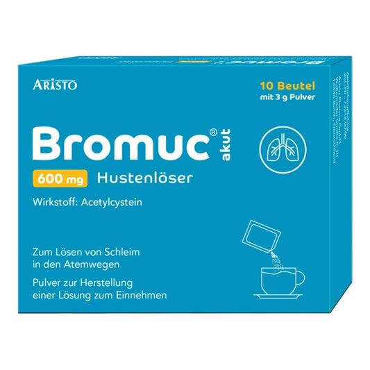 Das Produktfoto zeigt Bromuc Akut 600 Mg Hustenlöser Plv.Z.H.E.L.Z.Einn. (10 stk) PZN 11353144