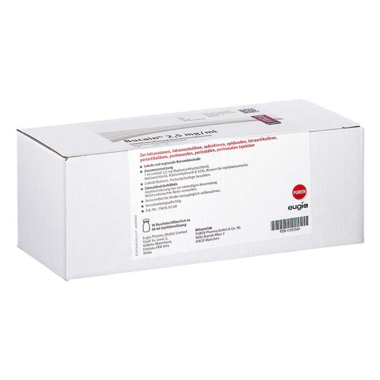 Das Produktfoto zeigt Bucain 0,25% 2,5mg/Ml Inj.L.125mg/50ml Dsfl. (10X50 ml) PZN 11353581