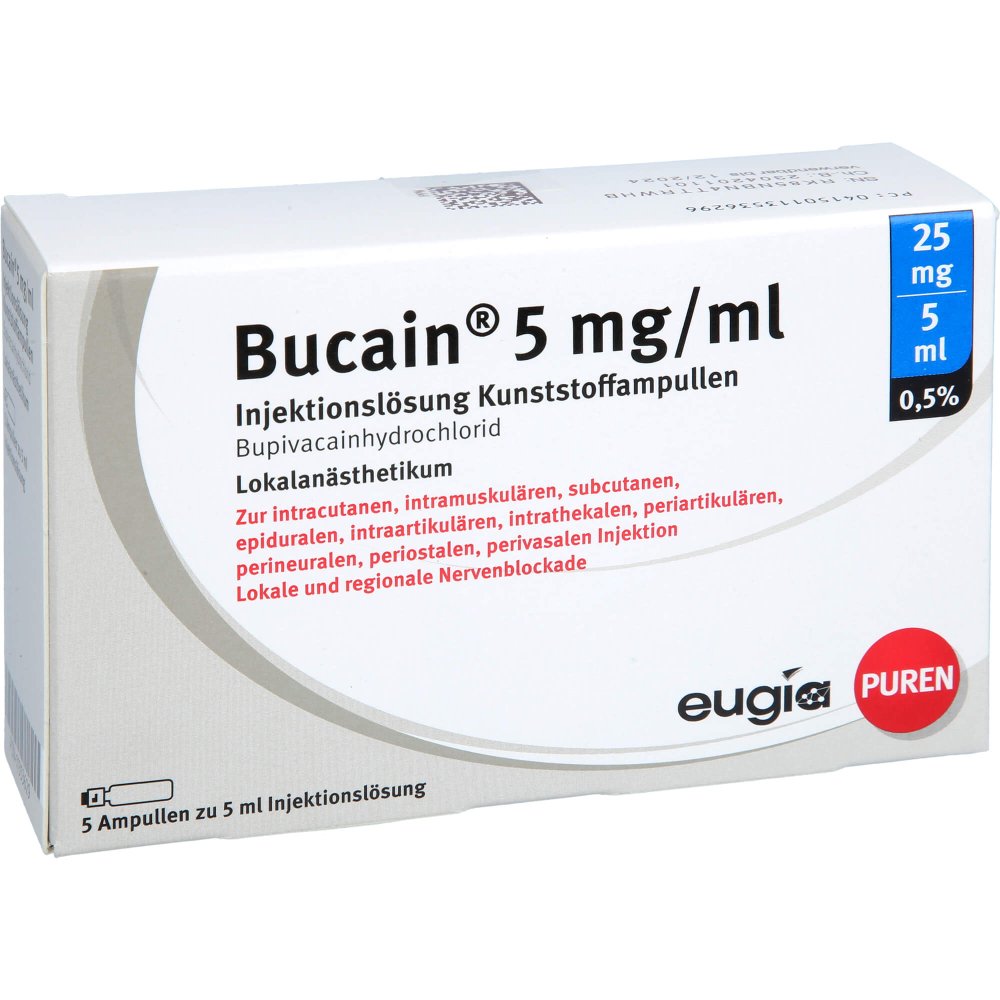 Das Produktfoto zeigt Bucain 0,5% 5mg/Ml Inj.L.25mg/5ml Luer-Lock Amp. (5X5 ml) PZN 11353629