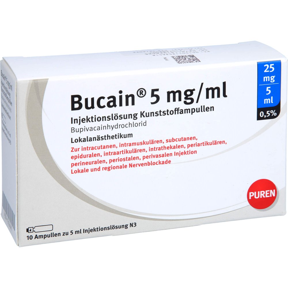 Das Produktfoto zeigt Bucain 0,5% 5mg/Ml Inj.L.25mg/5ml Luer-Lock Amp. (10X5 ml) PZN 11353641