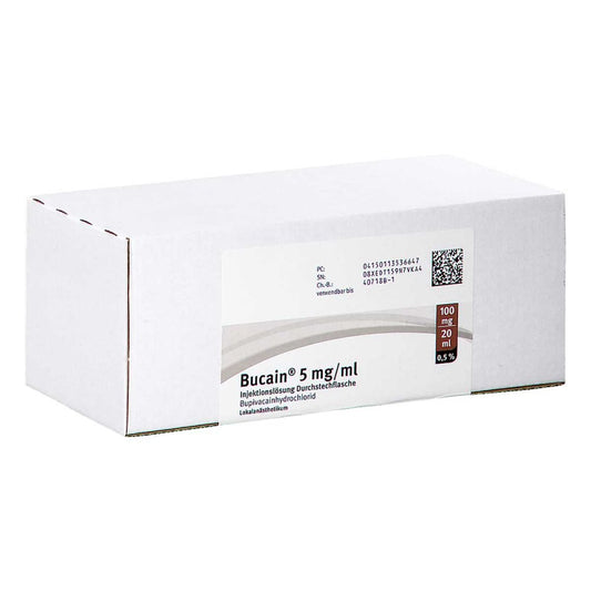 Das Produktfoto zeigt Bucain 0,5% 5mg/Ml Inj.L.100mg/20ml Dsfl. (10X20 ml) PZN 11353664