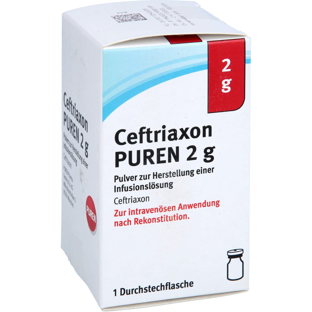 Das Produktfoto zeigt Ceftriaxon Puren 2 G Pulver Z.Herstell.E.Inf.-Lsg. (1 stk) PZN 11354043
