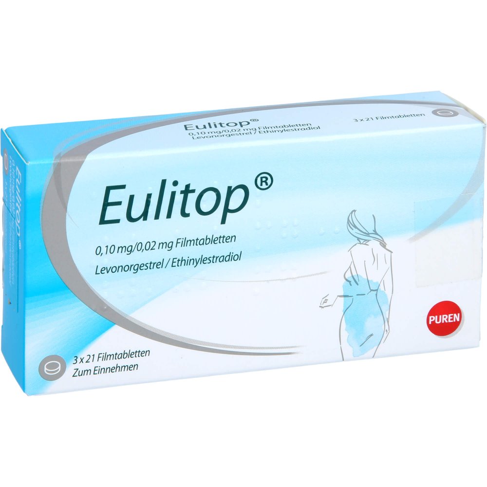 Das Produktfoto zeigt Eulitop 0,10 Mg/0,02 Mg Filmtabletten (3X21 stk) PZN 11354385