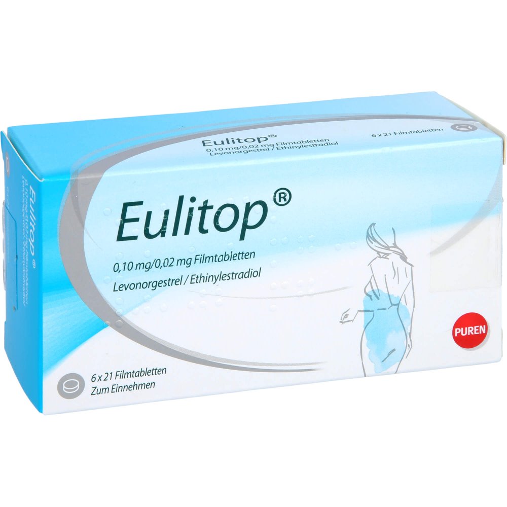 Das Produktfoto zeigt Eulitop 0,10 Mg/0,02 Mg Filmtabletten (6X21 stk) PZN 11354391