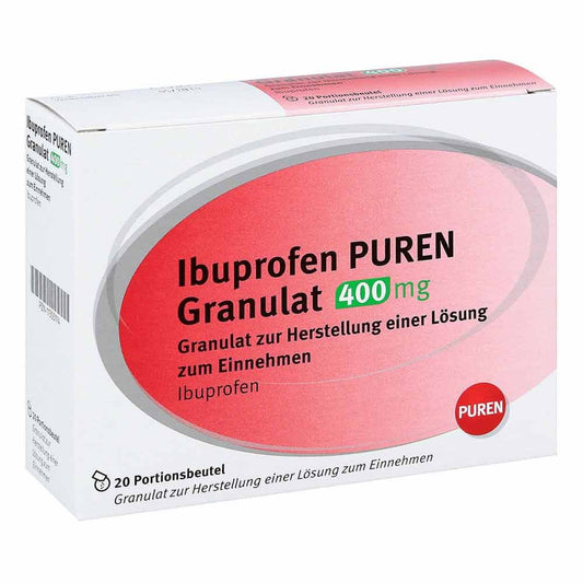 Das Produktfoto zeigt Ibuprofen Puren Granulat 400 Mg Z.Her.E.Lsg.Z.Ein. (20 stk) PZN 11355114