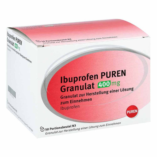 Das Produktfoto zeigt Ibuprofen Puren Granulat 400 Mg Z.Her.E.Lsg.Z.Ein. (50 stk) PZN 11355143