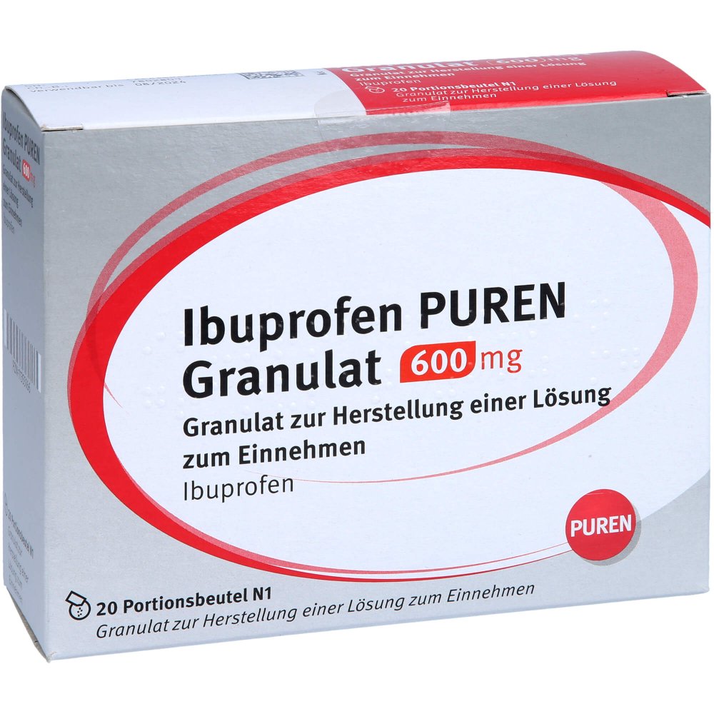 Das Produktfoto zeigt Ibuprofen Puren Granulat 600 Mg Z.Her.E.Lsg.Z.Ein. (20 stk) PZN 11355166
