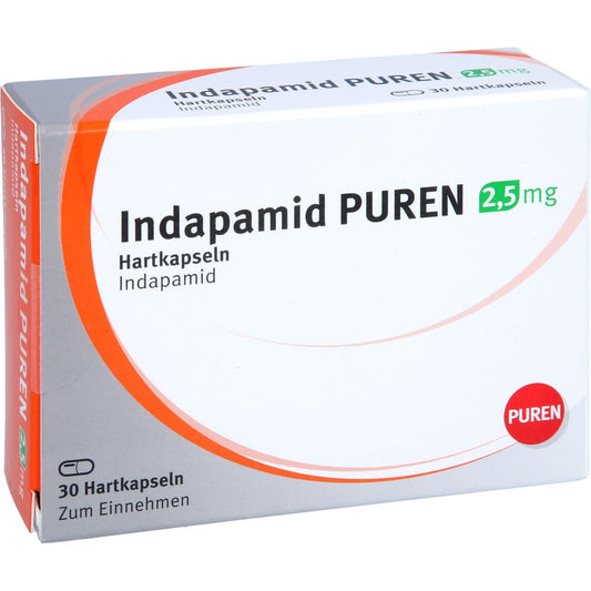 Das Produktfoto zeigt Indapamid Puren 2,5 Mg Hartkapseln (30 stk) PZN 11355195