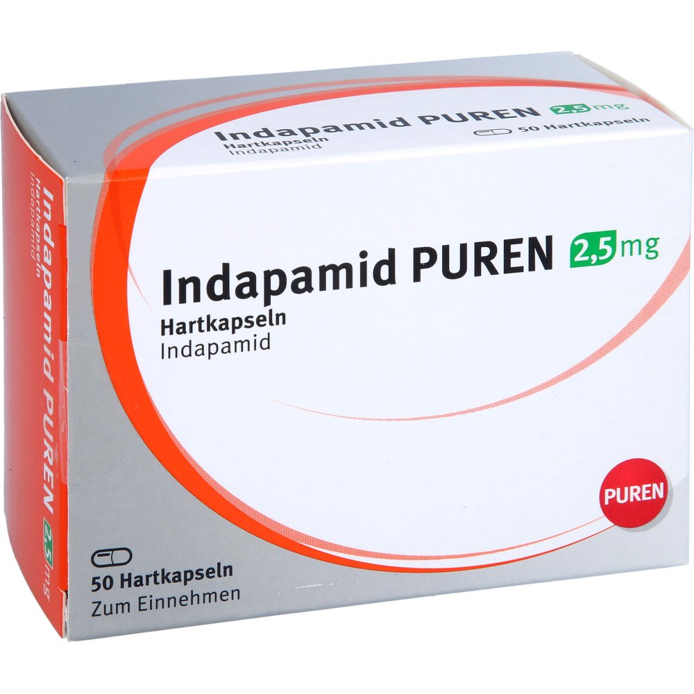 Das Produktfoto zeigt Indapamid Puren 2,5 Mg Hartkapseln (50 stk) PZN 11355203