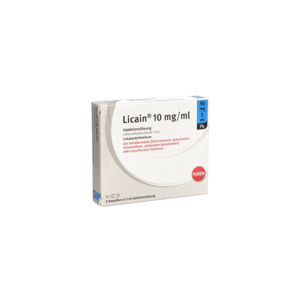 Das Produktfoto zeigt Licain 1% 10 Mg/Ml Inj.Lsg.50mg/5ml Glasamp. (5X5 ml) PZN 11355893