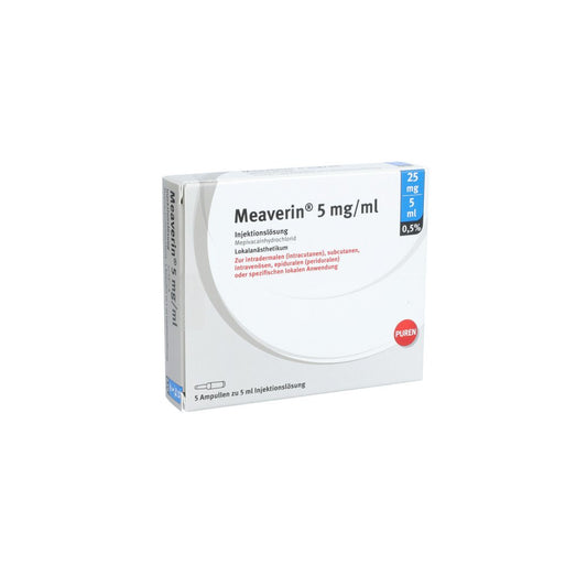 Das Produktfoto zeigt Meaverin 0,5% 5 Mg/Ml Inj.-Lsg.25 Mg/5 Ml Glasamp. (5X5 ml) PZN 11356125