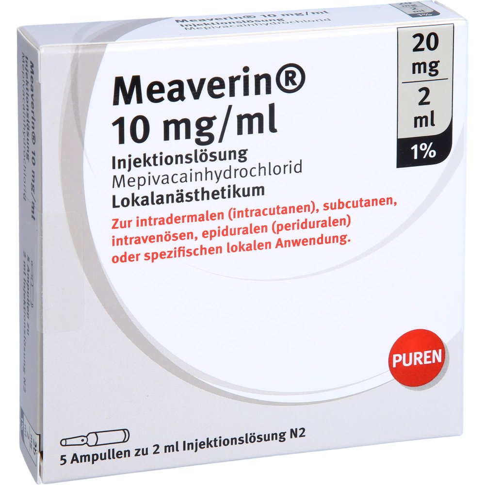Das Produktfoto zeigt Meaverin 1% 10 Mg/Ml Inj.-Lsg.20 Mg/2 Ml Glasamp. (5X2 ml) PZN 11356160