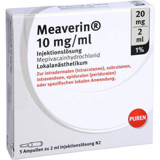 Das Produktfoto zeigt Meaverin 1% 10 Mg/Ml Inj.-Lsg.20 Mg/2 Ml Glasamp. (5X2 ml) PZN 11356160