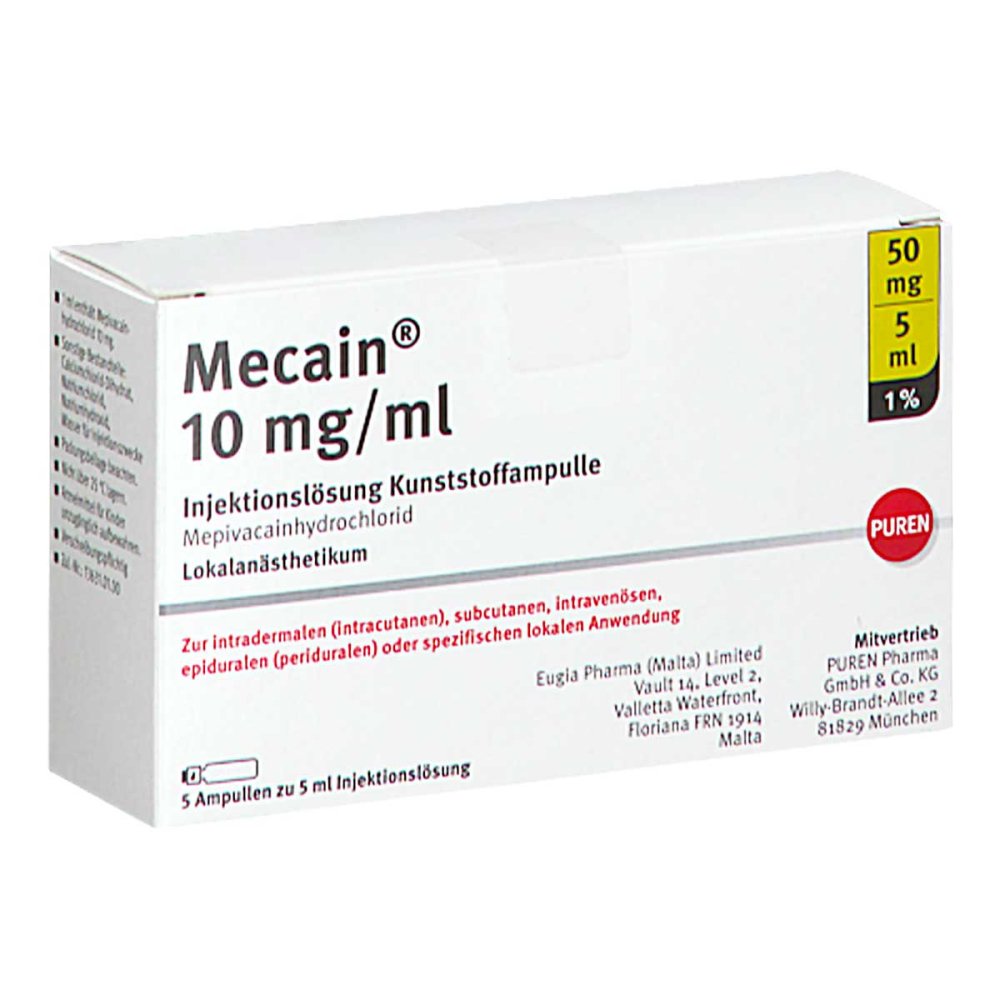 Das Produktfoto zeigt Mecain 1% 10 Mg/Ml Inj.L.50mg/5ml Luer-Lock Amp. (5X5 ml) PZN 11356220