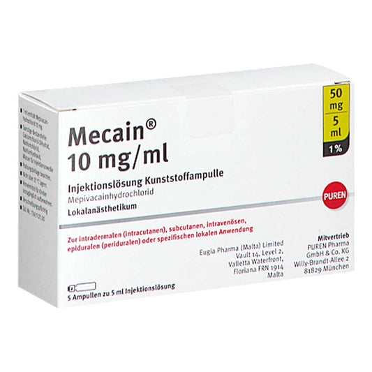 Das Produktfoto zeigt Mecain 1% 10 Mg/Ml Inj.L.50mg/5ml Luer-Lock Amp. (5X5 ml) PZN 11356220