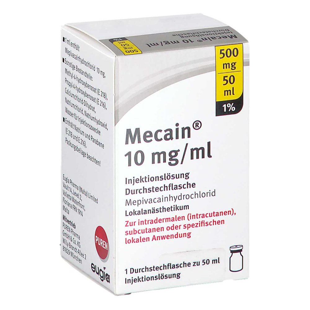 Das Produktfoto zeigt Mecain 1% 10 Mg/Ml Inj.L.500mg/50ml Dsfl. (50 ml) PZN 11356289
