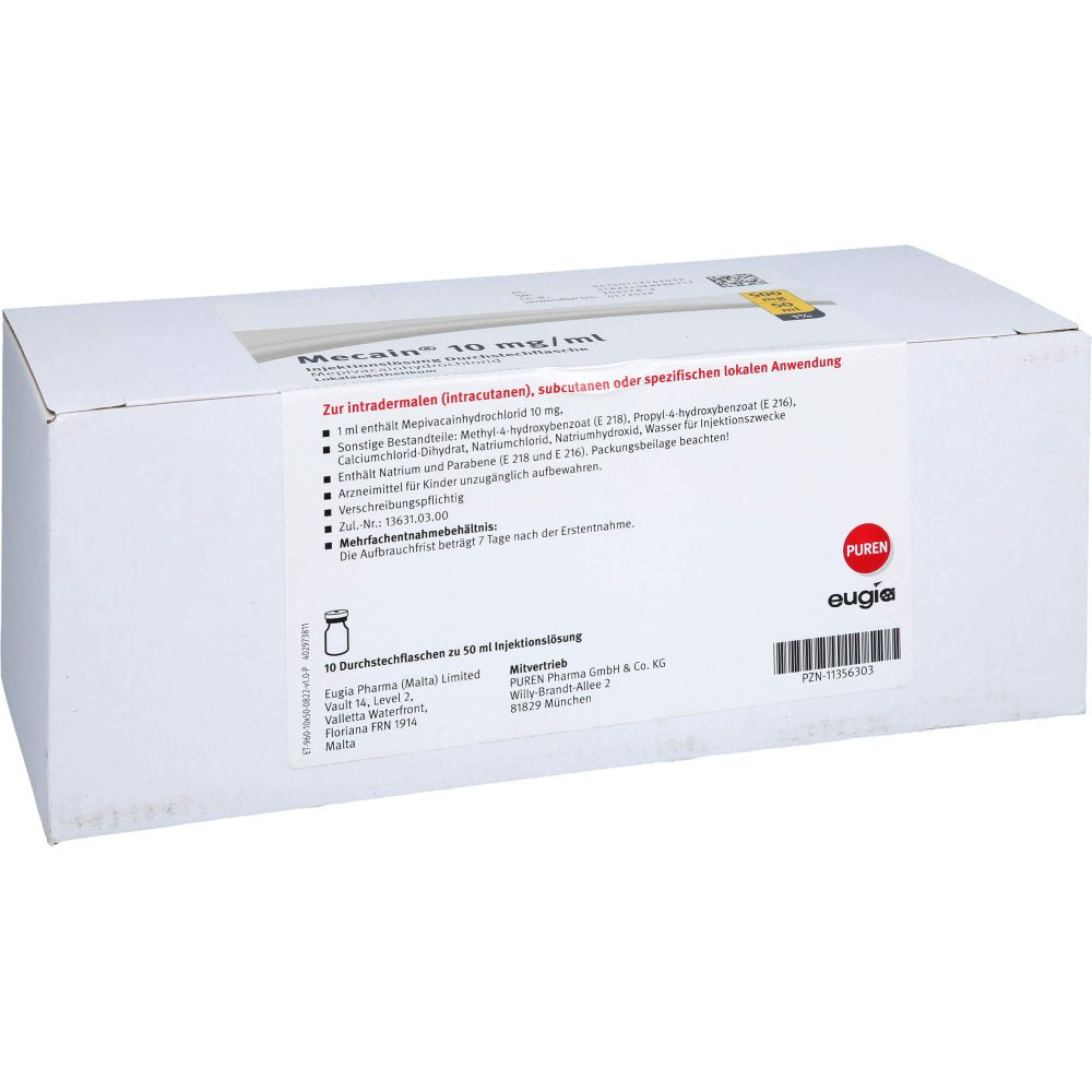 Das Produktfoto zeigt Mecain 1% 10 Mg/Ml Inj.L.500mg/50ml Dsfl. (10X50 ml) PZN 11356303