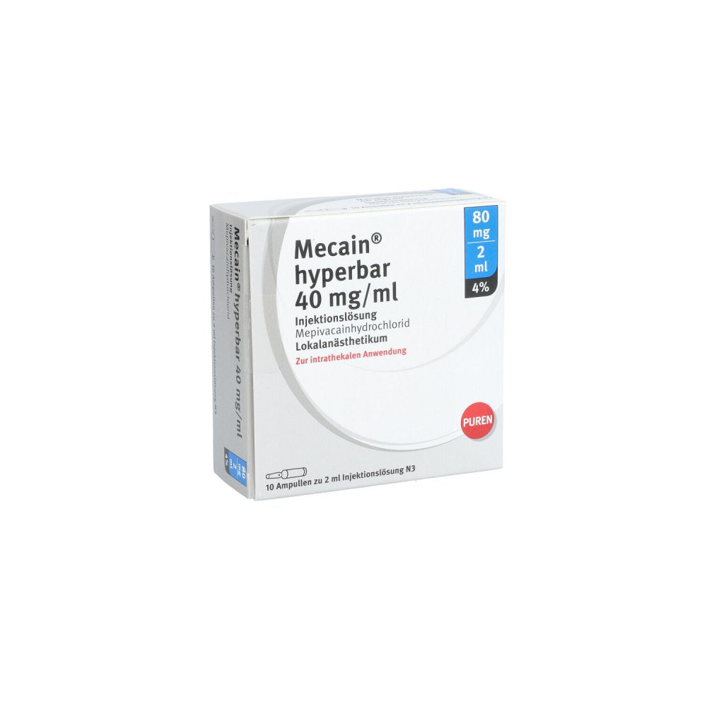 Das Produktfoto zeigt Mecain Hyperbar 4% 40mg/Ml Inj.L.80mg/2ml Gl.Amp. (10X2 ml) PZN 11356378