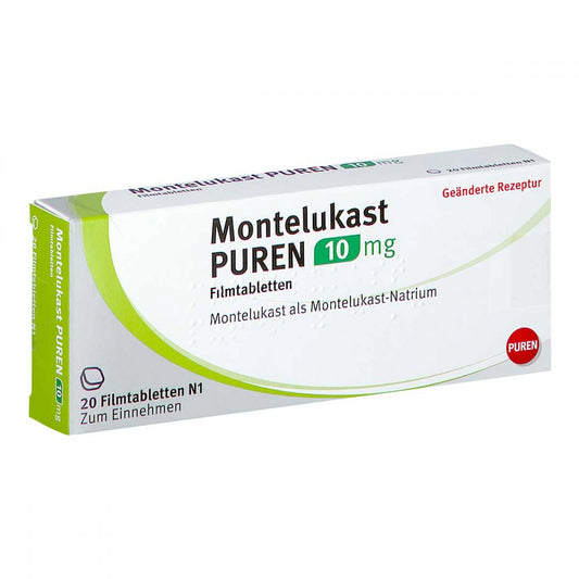 Das Produktfoto zeigt Montelukast Puren 10 Mg Filmtabletten (20 stk) PZN 11356533