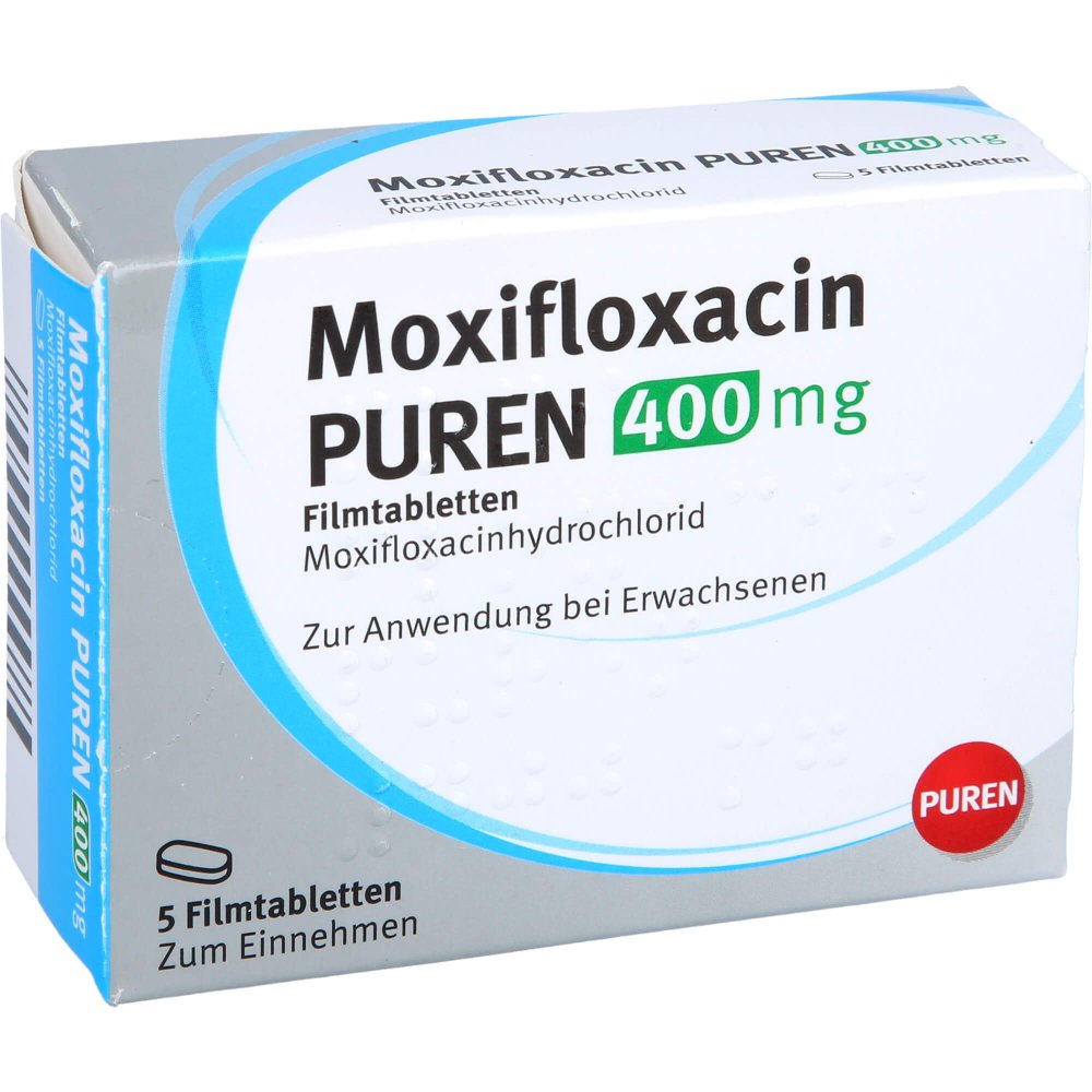 Das Produktfoto zeigt Moxifloxacin Puren 400 Mg Filmtabletten (5 stk) PZN 11356579