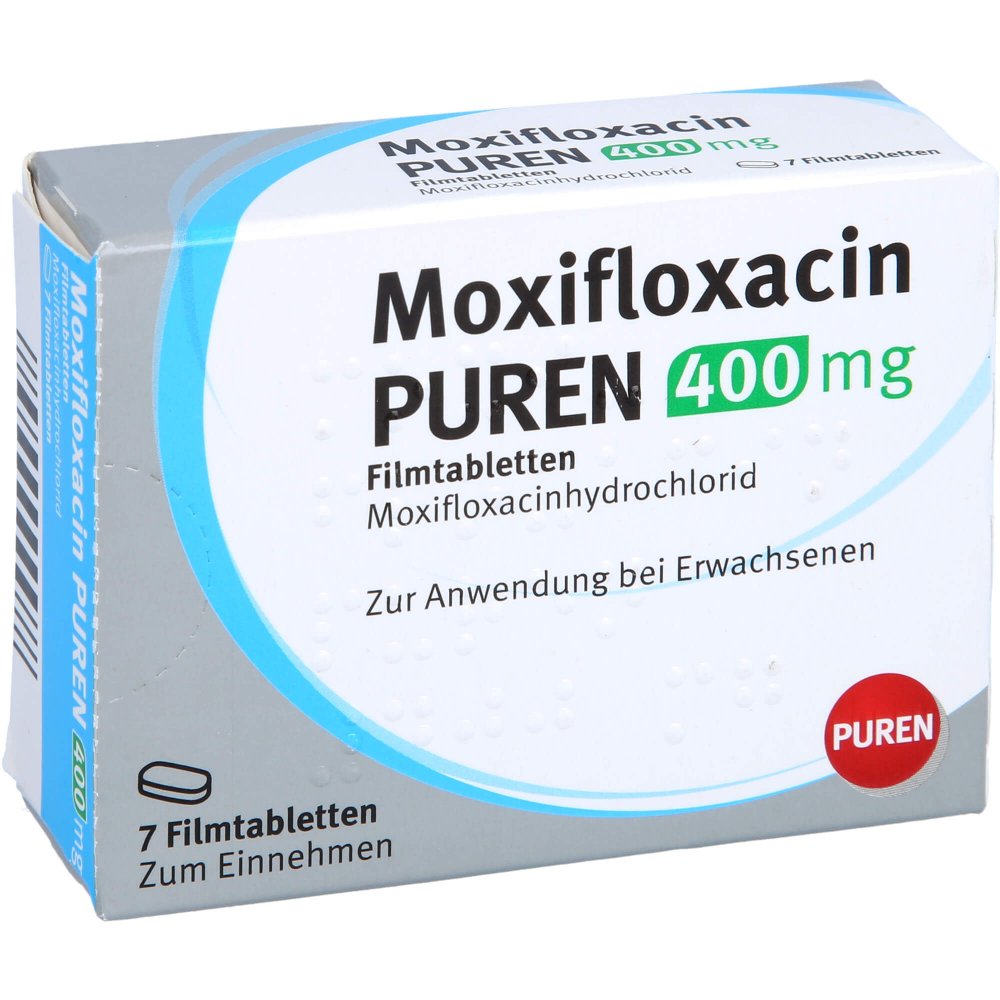 Das Produktfoto zeigt Moxifloxacin Puren 400 Mg Filmtabletten (7 stk) PZN 11356591