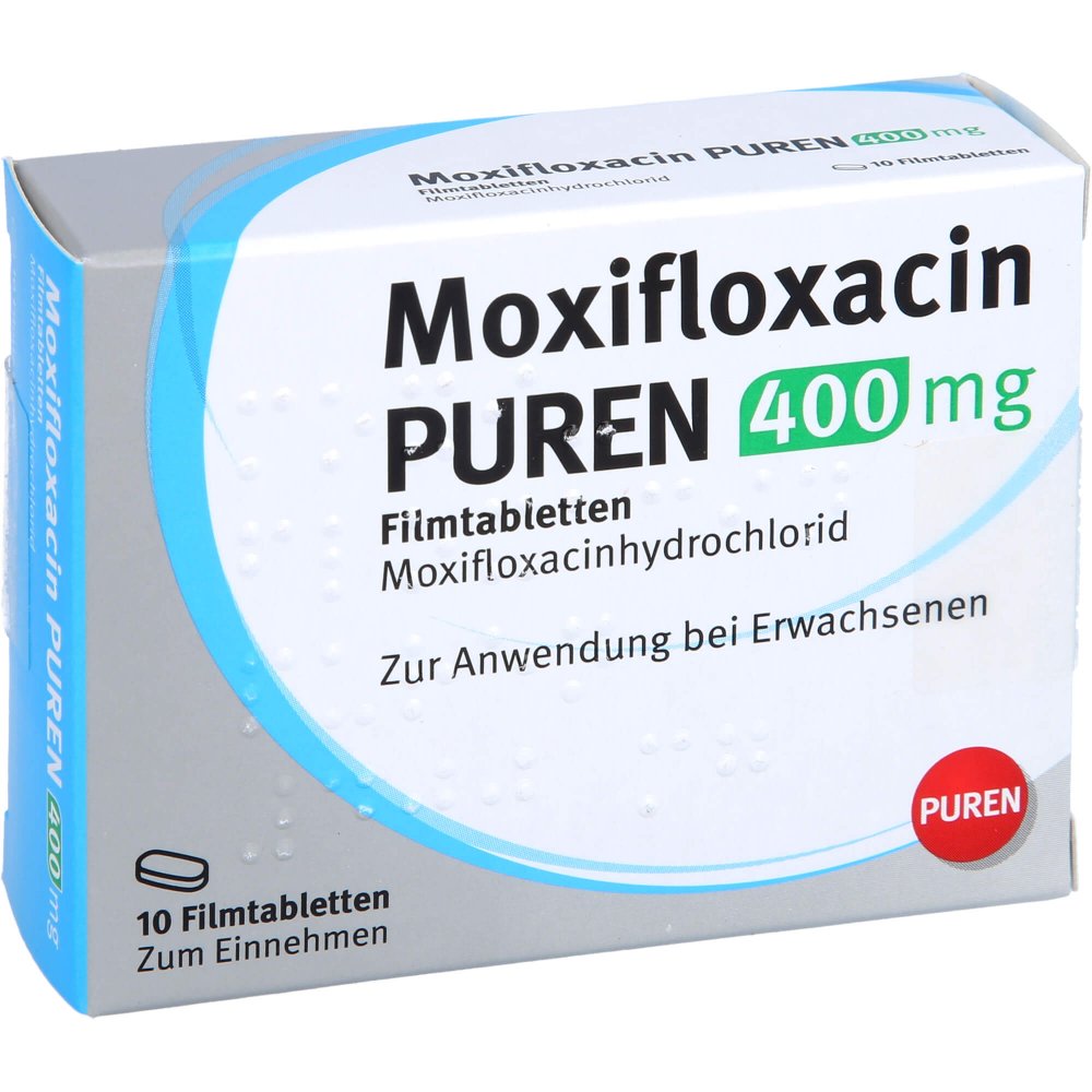 Das Produktfoto zeigt Moxifloxacin Puren 400 Mg Filmtabletten (10 stk) PZN 11356616