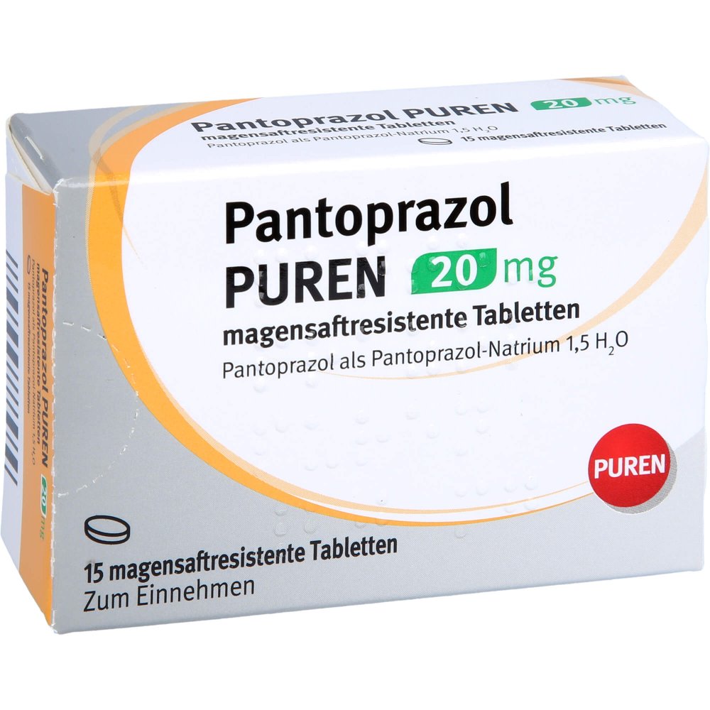 Das Produktfoto zeigt Pantoprazol Puren 20 Mg Magensaftres.Tabletten (15 stk) PZN 11357082