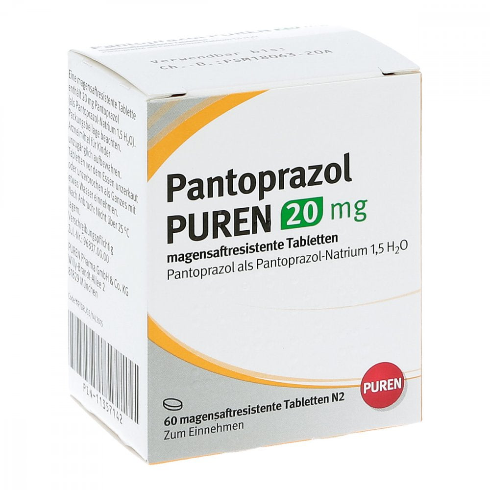 Das Produktfoto zeigt Pantoprazol Puren 20 Mg Magensaftres.Tabletten (60 stk) PZN 11357142