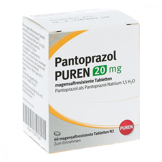 Das Produktfoto zeigt Pantoprazol Puren 20 Mg Magensaftres.Tabletten (60 stk) PZN 11357142