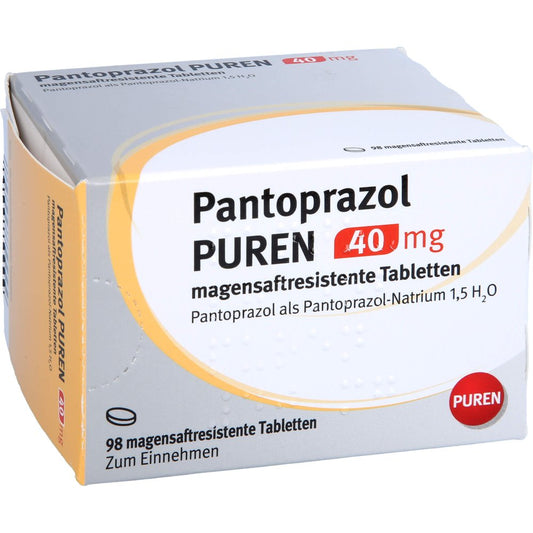 Das Produktfoto zeigt Pantoprazol Puren 40 Mg Magensaftres.Tabletten (98 stk) PZN 11357283