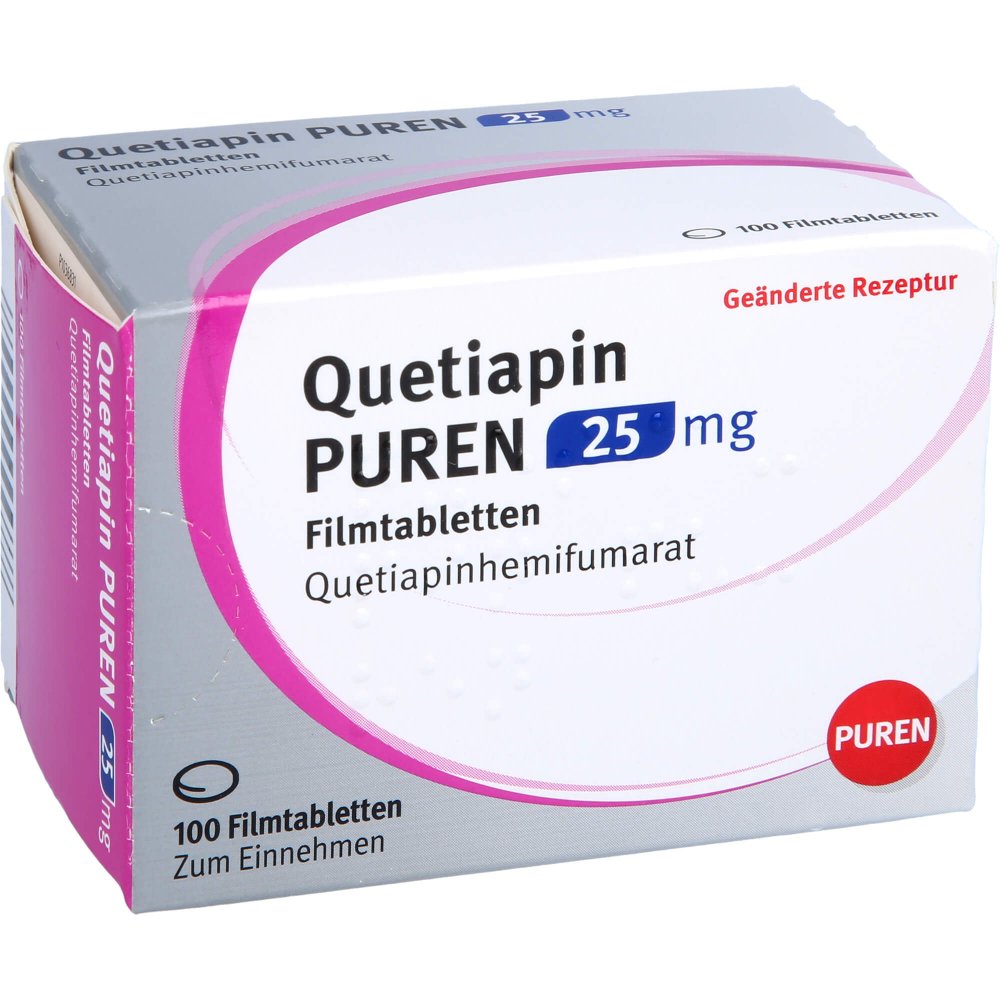 Das Produktfoto zeigt Quetiapin Puren 25 Mg Filmtabletten (100 stk) PZN 11357432