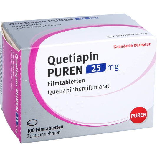 Das Produktfoto zeigt Quetiapin Puren 25 Mg Filmtabletten (100 stk) PZN 11357432