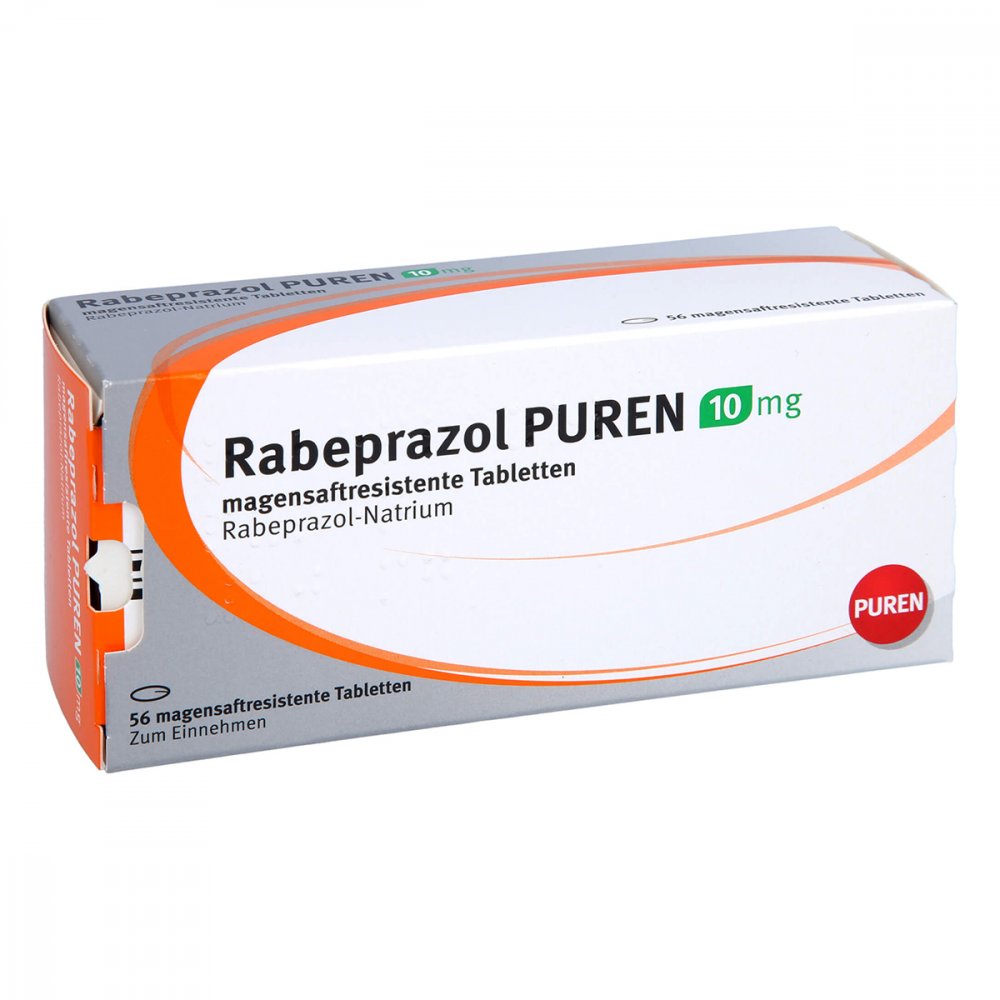 Das Produktfoto zeigt Rabeprazol Puren 10 Mg Magensaftres.Tabletten (56 stk) PZN 11357811