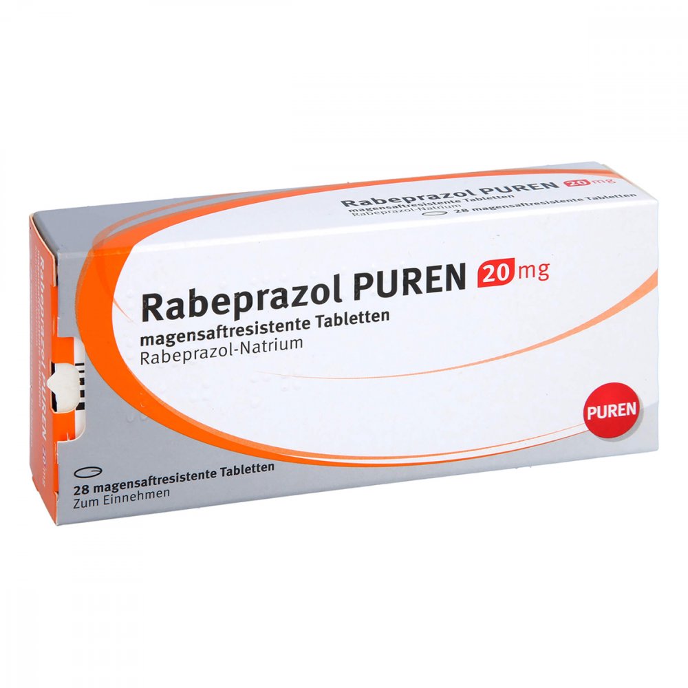 Das Produktfoto zeigt Rabeprazol Puren 20 Mg Magensaftres.Tabletten (28 stk) PZN 11357857